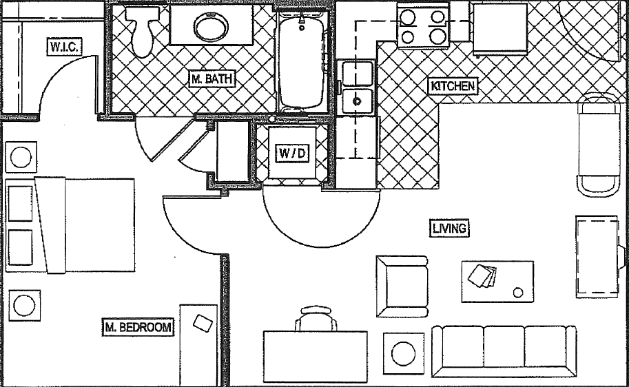 Floor plan for 1 bed, 1 bath, 568 sqft